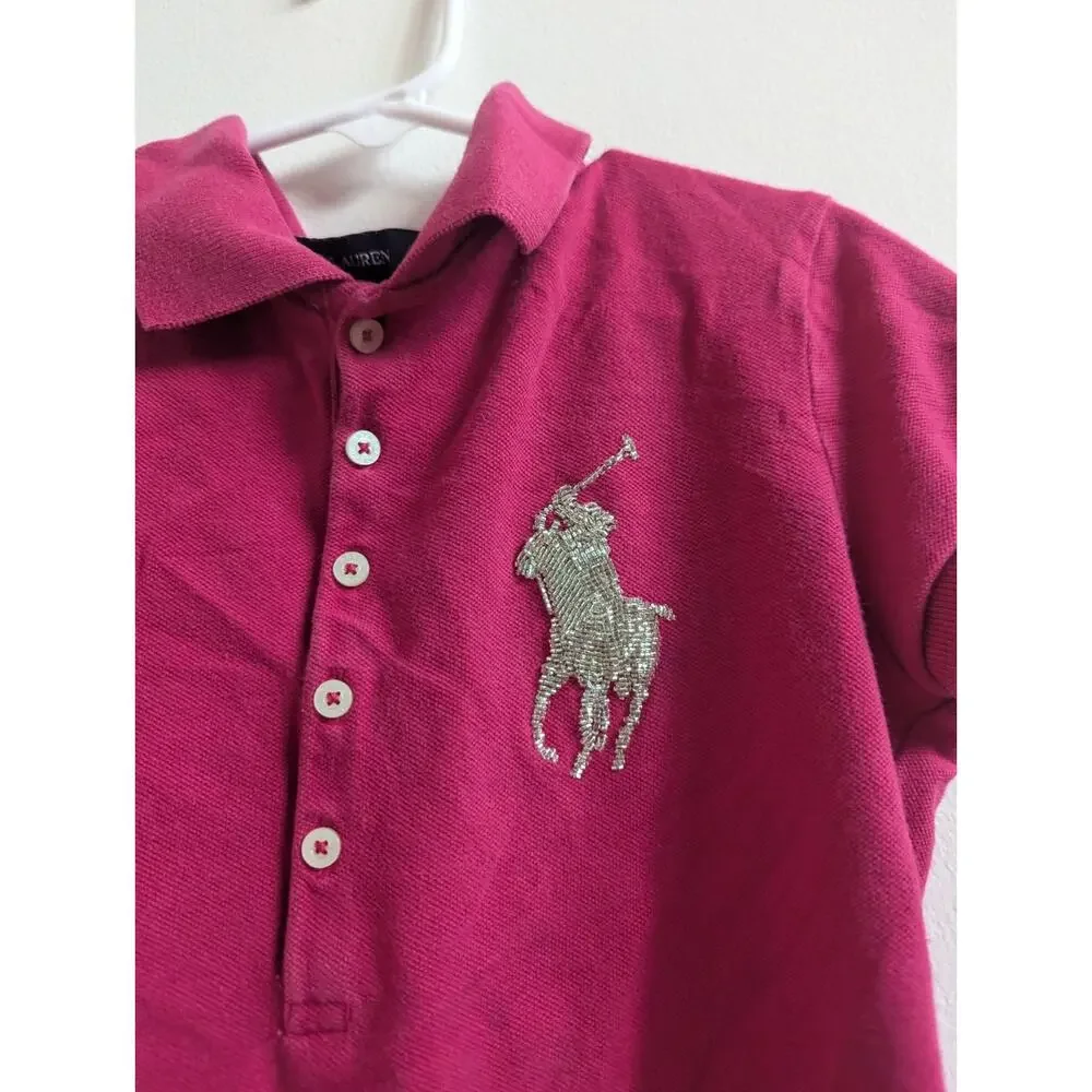 Ralph Lauren Polo Shirt 8-10 Magenta Pink Sequin Pony Preppy